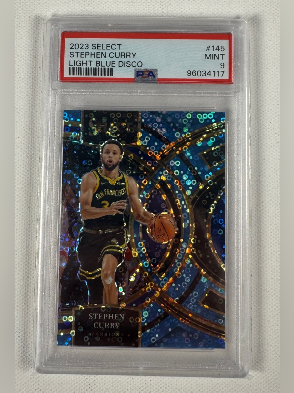 2023-24 Panini Select - Stephen Curry #145 Light Blue Disco /99 PSA 9